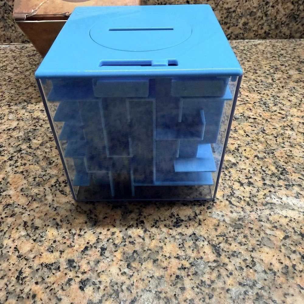 Thinkmax Money Maze Cube Puzzle Bank Blue Plastic Coin Cash Toy Game Box